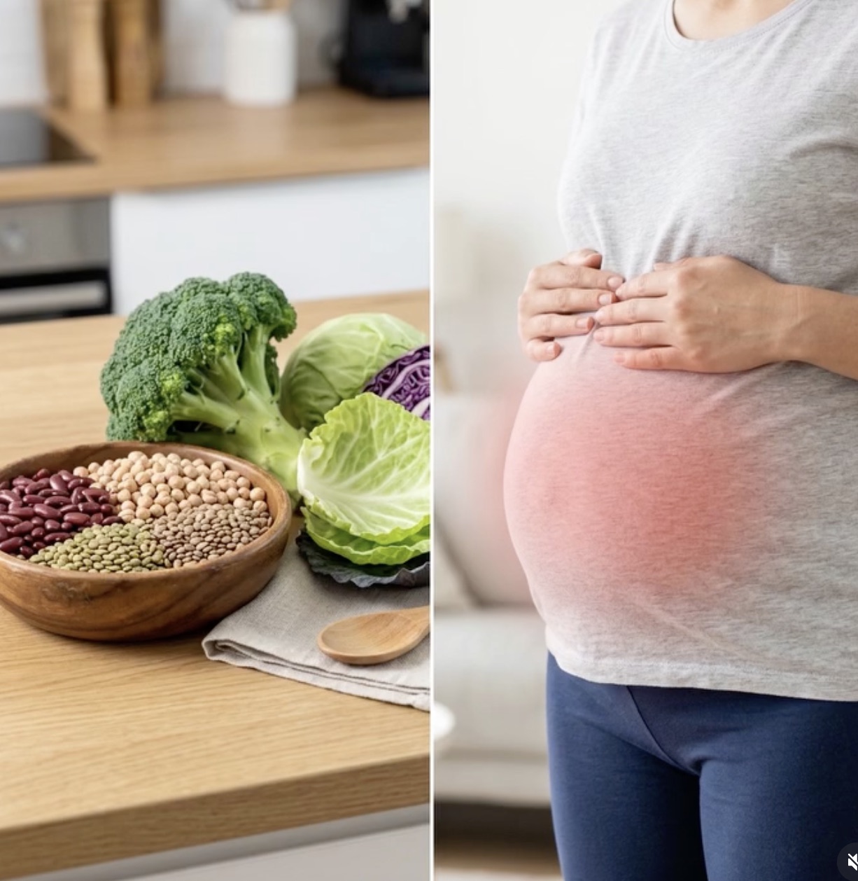 Leguminosas e vegetais crucíferos ao lado de pessoa com desconforto abdominal